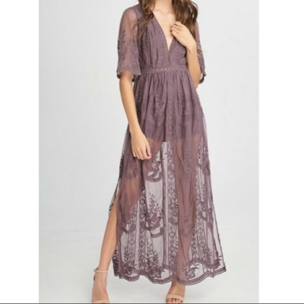 Wishlist size L Dusty Lavender maxi Romper with sheer lace overlay